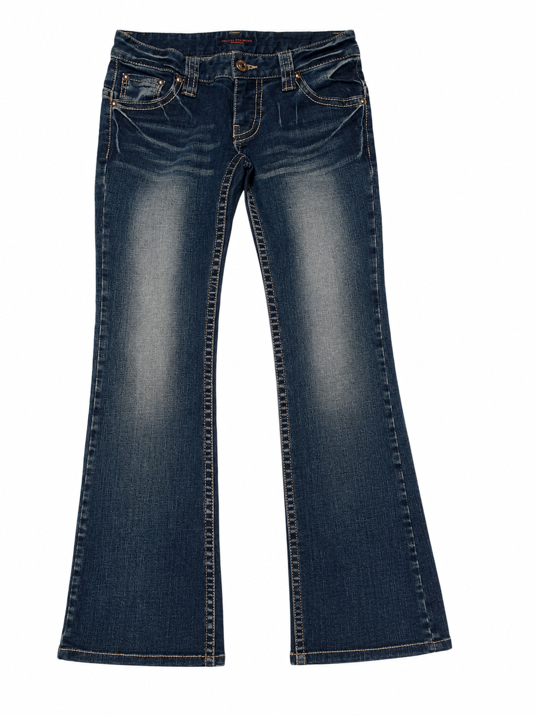Hollis Denim Bootcut Jeans – Sandblasted Indigo, Heavy Fade, Brass Rivets