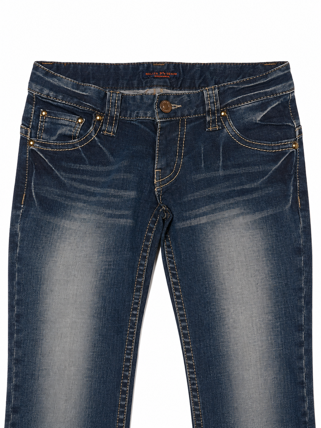 Hollis Denim Bootcut Jeans – Sandblasted Indigo, Heavy Fade, Brass Rivets
