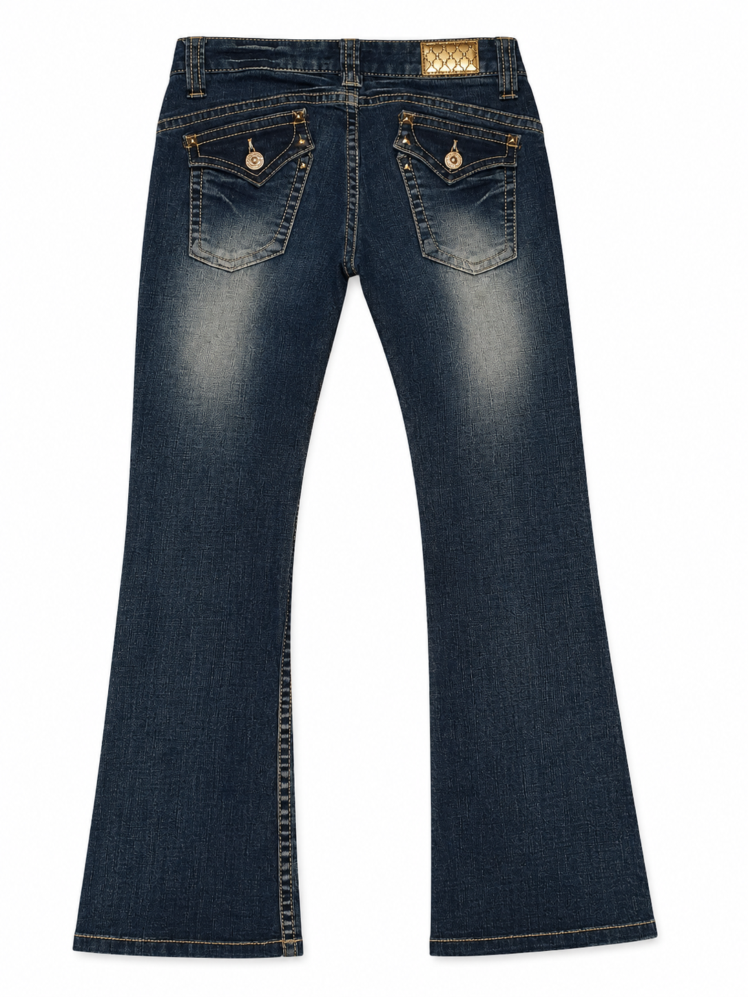 Hollis Denim Bootcut Jeans – Sandblasted Indigo, Heavy Fade, Brass Rivets