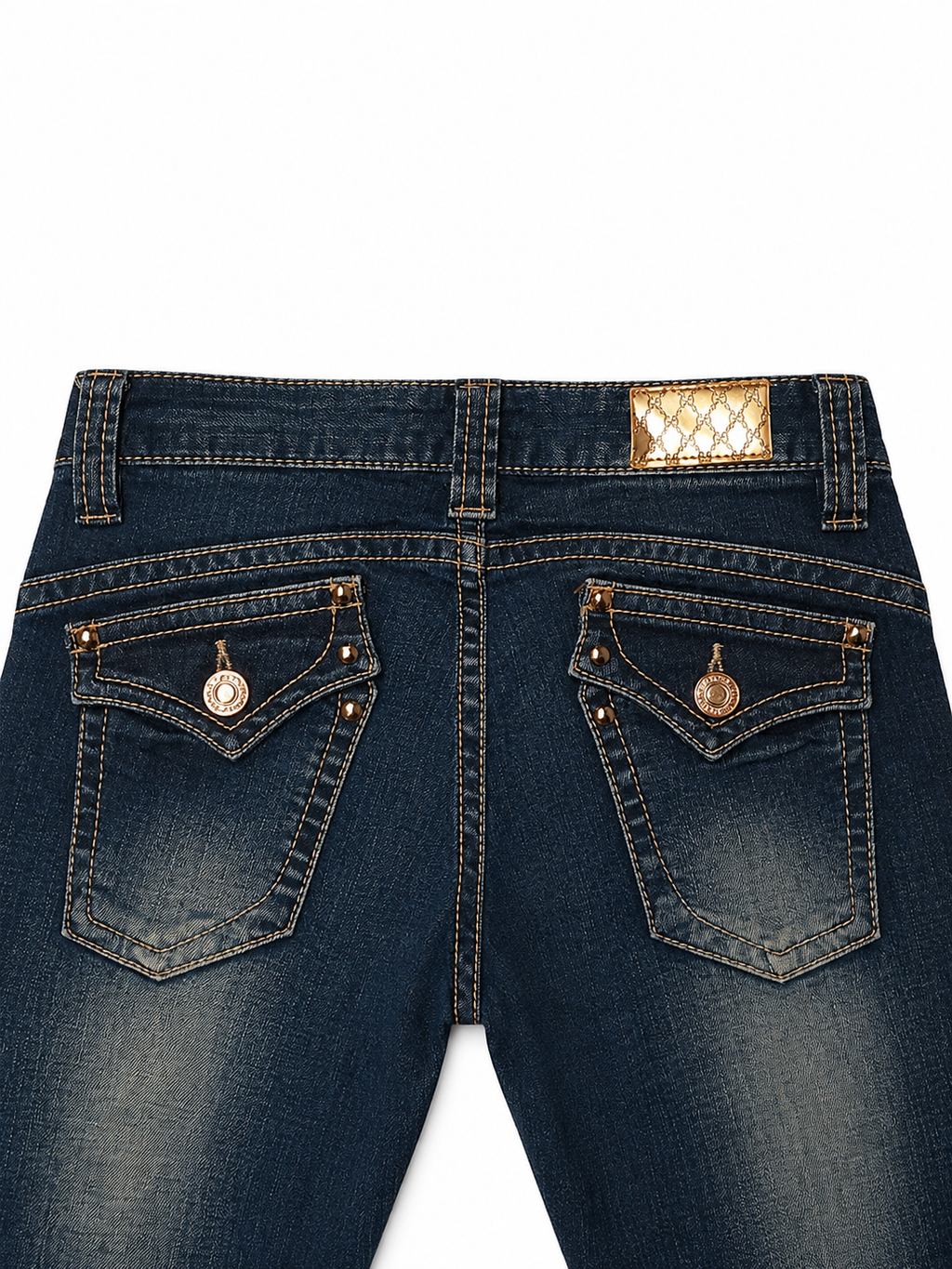 Hollis Denim Bootcut Jeans – Sandblasted Indigo, Heavy Fade, Brass Rivets