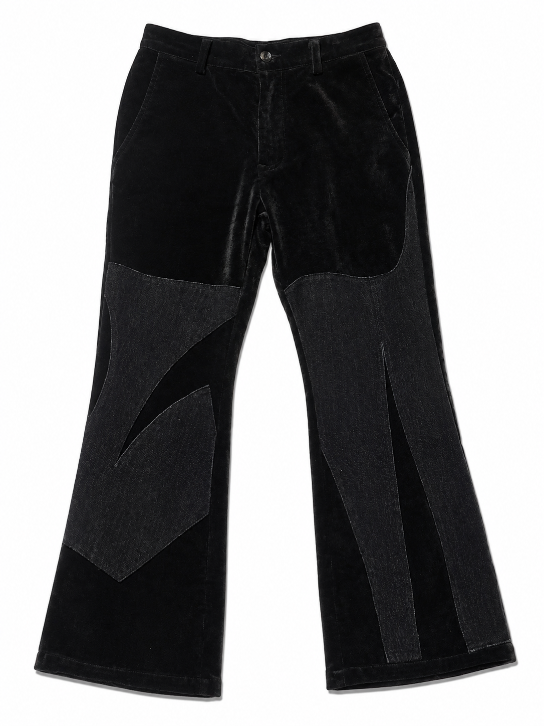 Black Velvet Denim Panel Flare Trousers