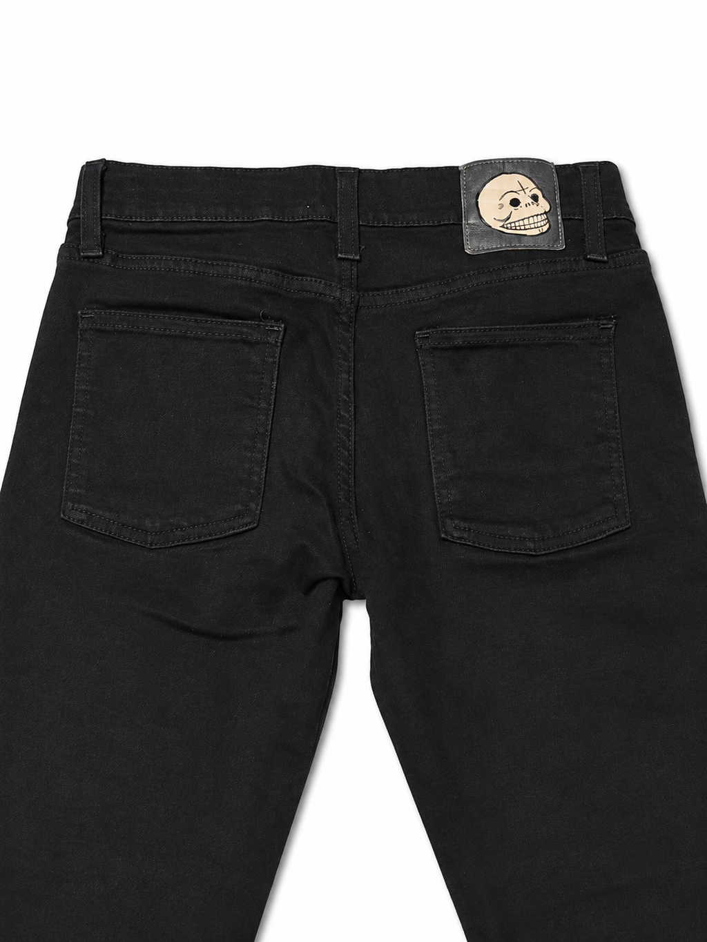 Black Slim Denim – Skeleton Button Fly, Skull Patch