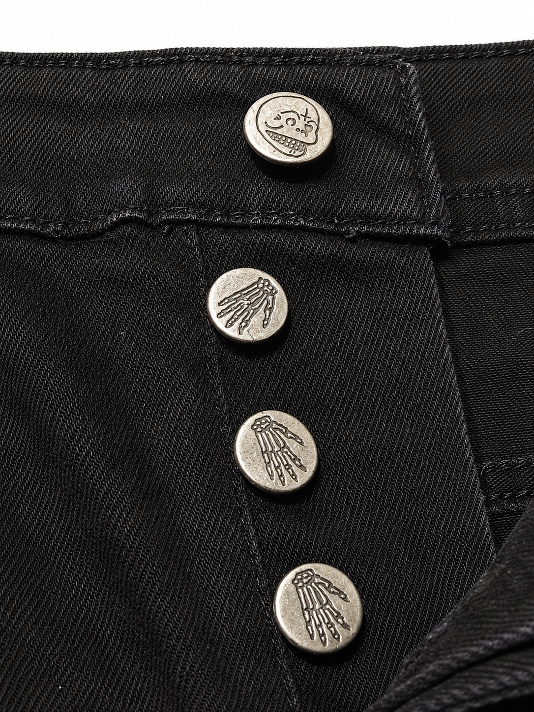 Black Slim Denim – Skeleton Button Fly, Skull Patch