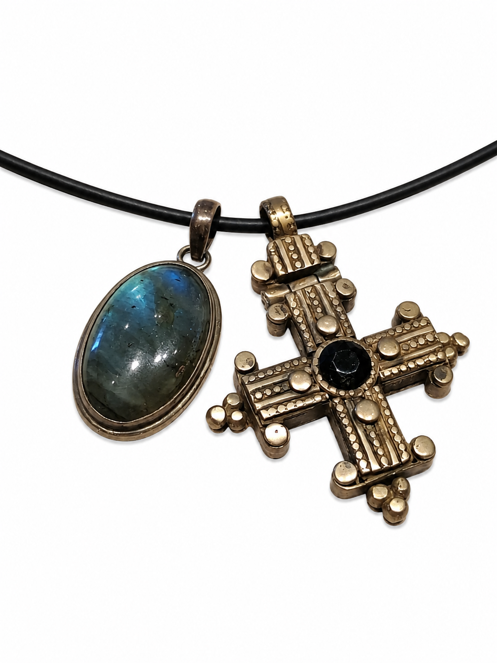 Labradorite stone with blue flash irdescence set in Silver with Antique Ethiopian Coptic Cross with Black Onyx