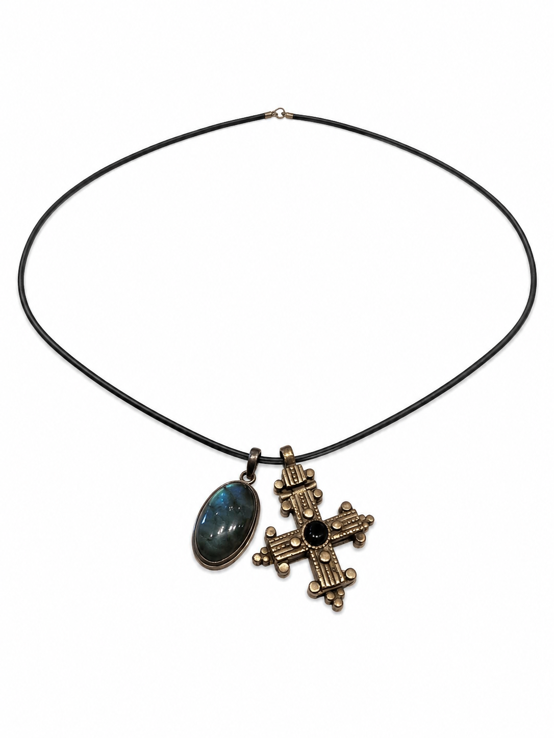 Labradorite stone with blue flash irdescence set in Silver with Antique Ethiopian Coptic Cross with Black Onyx