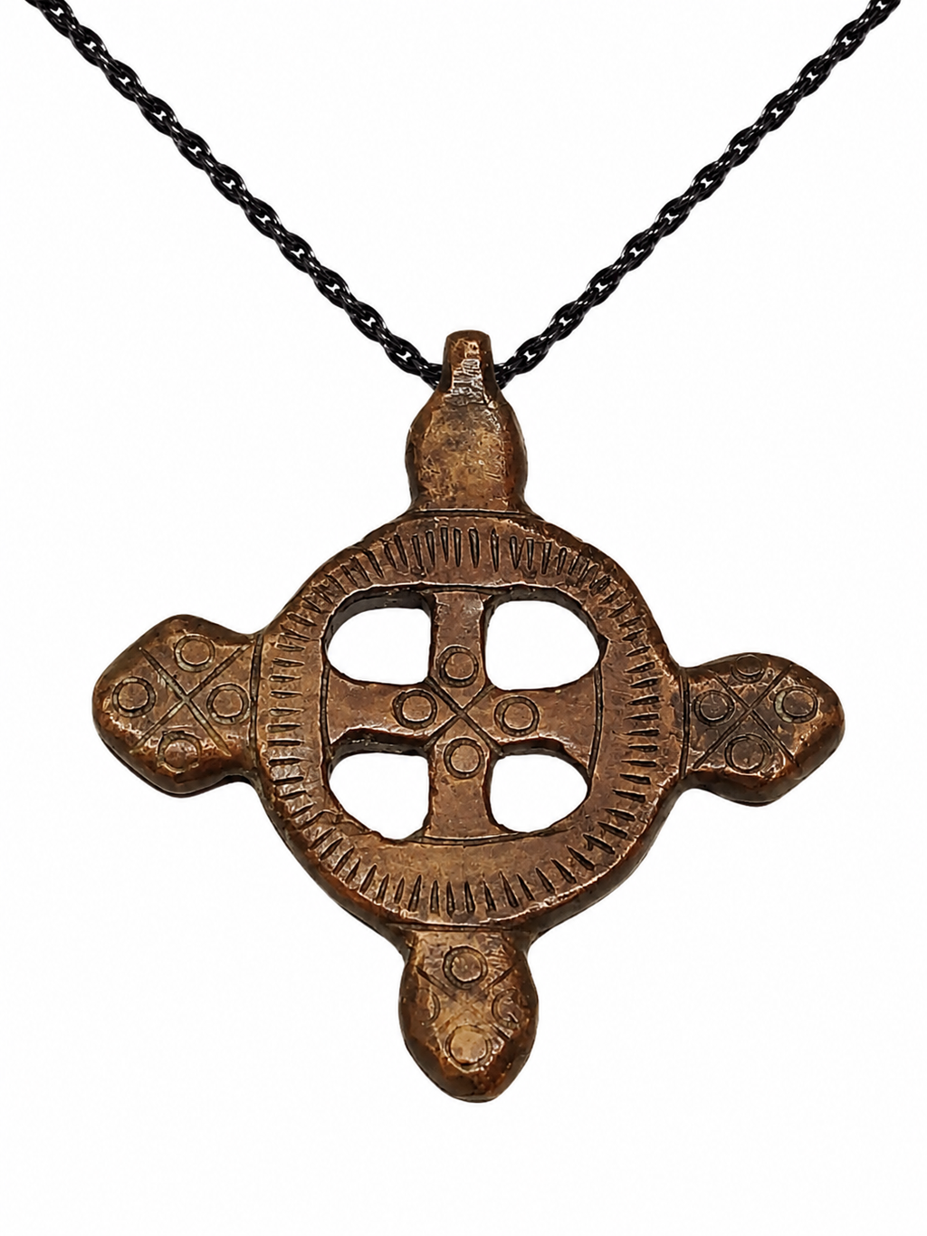 Antique 19th Century Ethiopian Coptic Handmade Neck Cross Pendant Central Circle Halo/Eternity Motiff