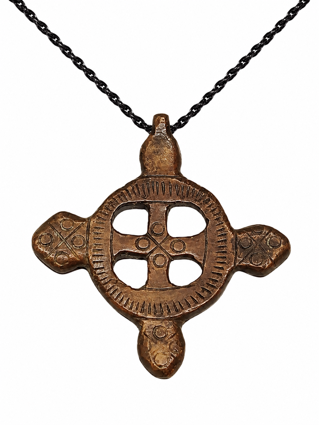 Antique 19th Century Ethiopian Coptic Handmade Neck Cross Pendant Central Circle Halo/Eternity Motiff