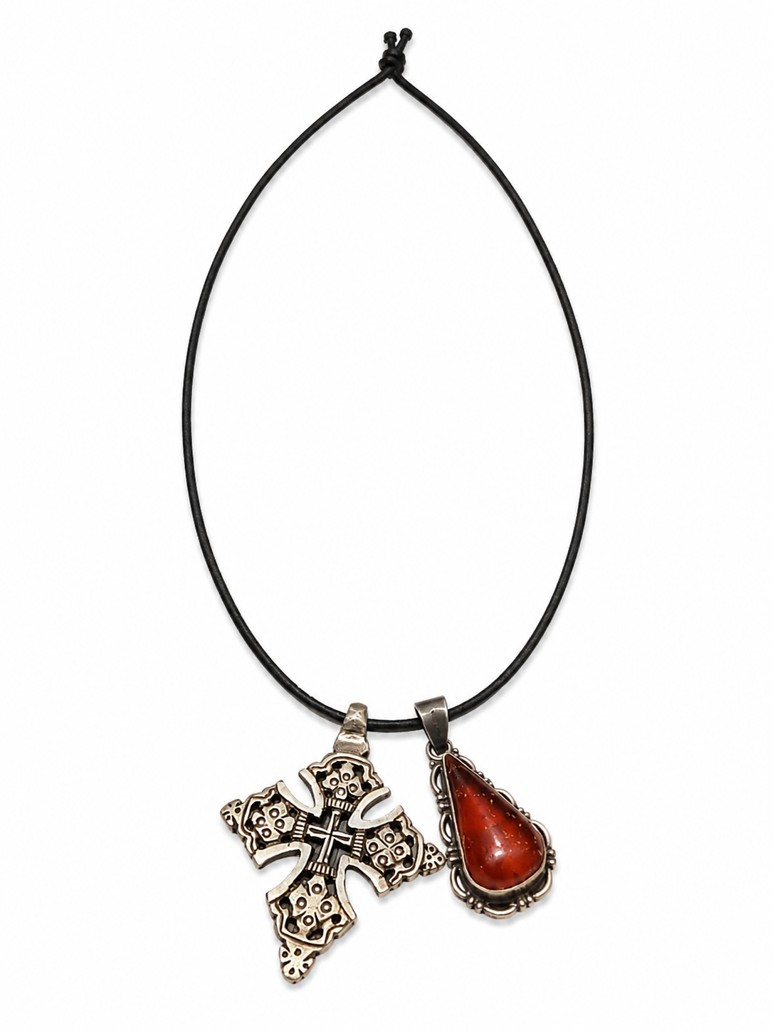 Antique Silver Ethiopian Ornate Coptic Cross with Vintage Baltic Amber Teardrop Silver