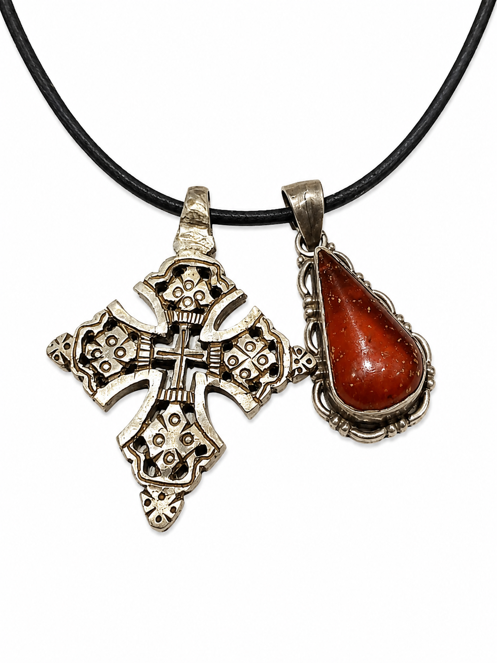 Antique Silver Ethiopian Ornate Coptic Cross with Vintage Baltic Amber Teardrop Silver