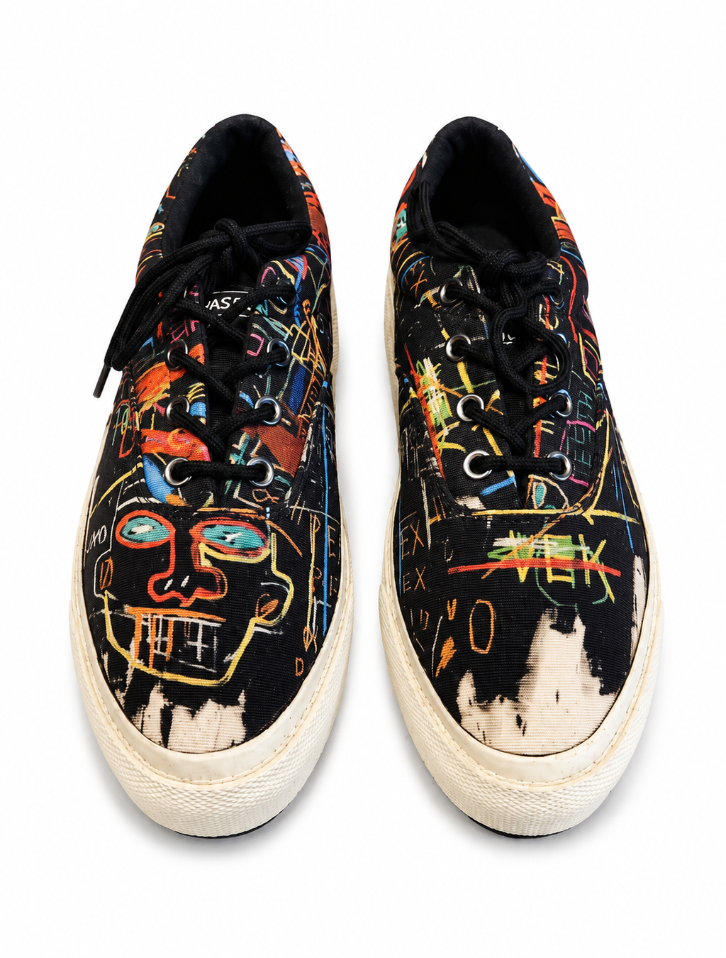 Pair of sneakers with artistic design on a white background
