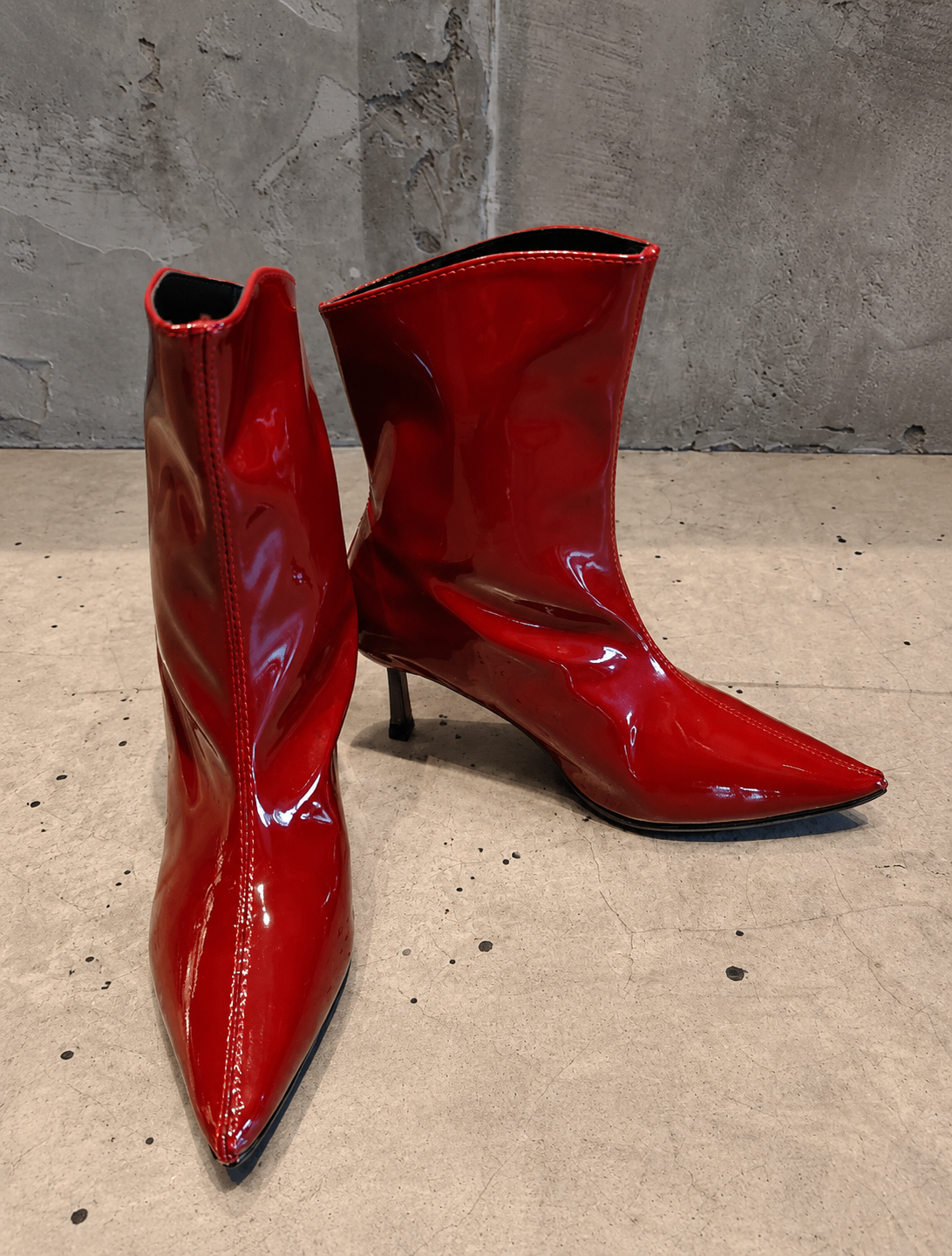 Red Patent Leather Pointed-Toe Ankle Boots with Centre-Back Zip