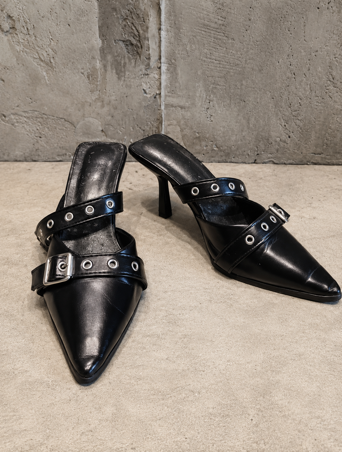Black Leather Double-Strap Grommet Mules with Stiletto Heel