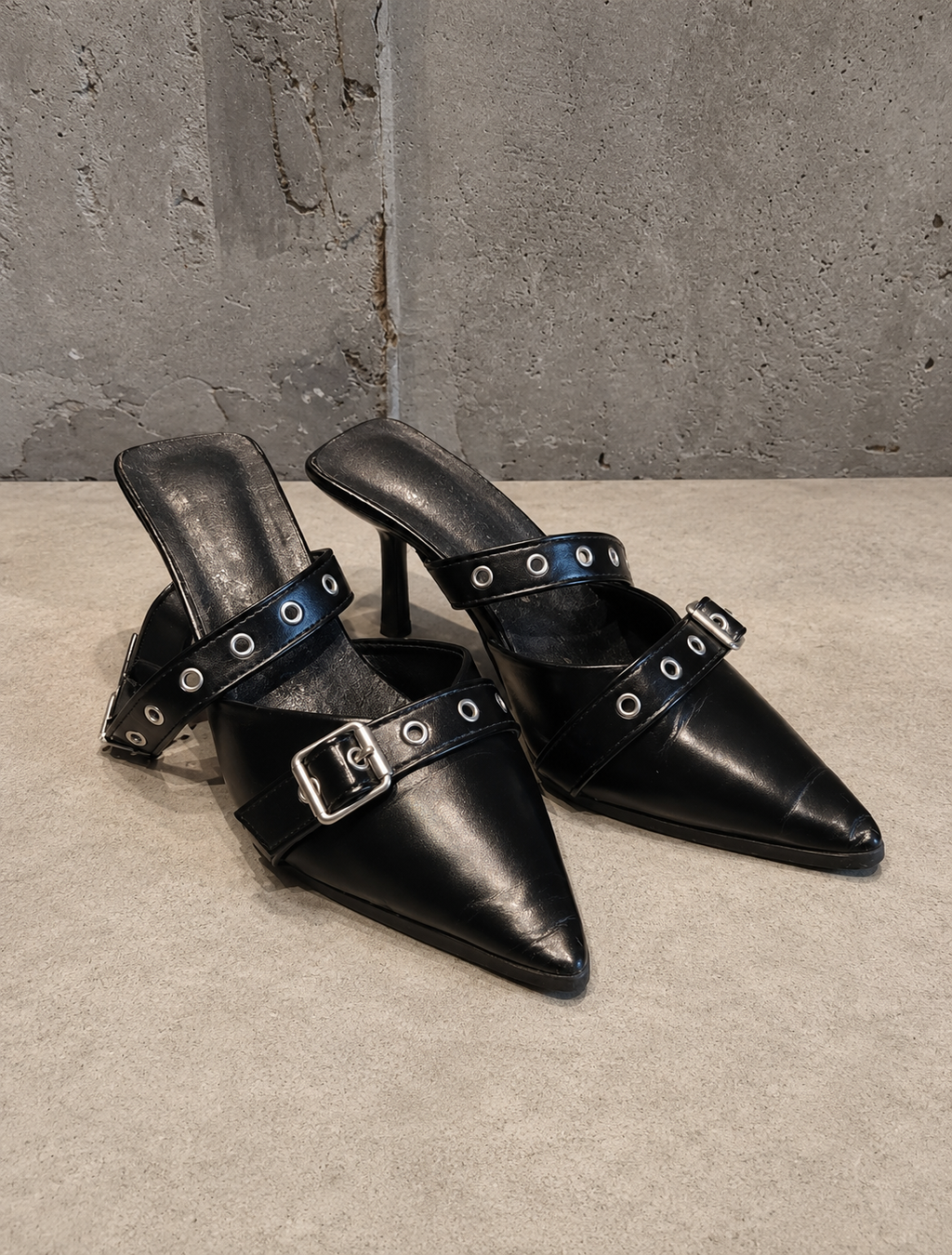 Black Leather Double-Strap Grommet Mules with Stiletto Heel