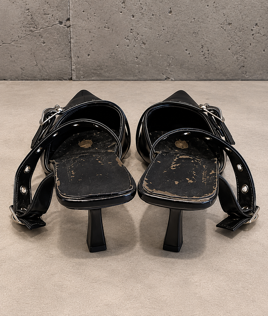 Black Leather Double-Strap Grommet Mules with Stiletto Heel