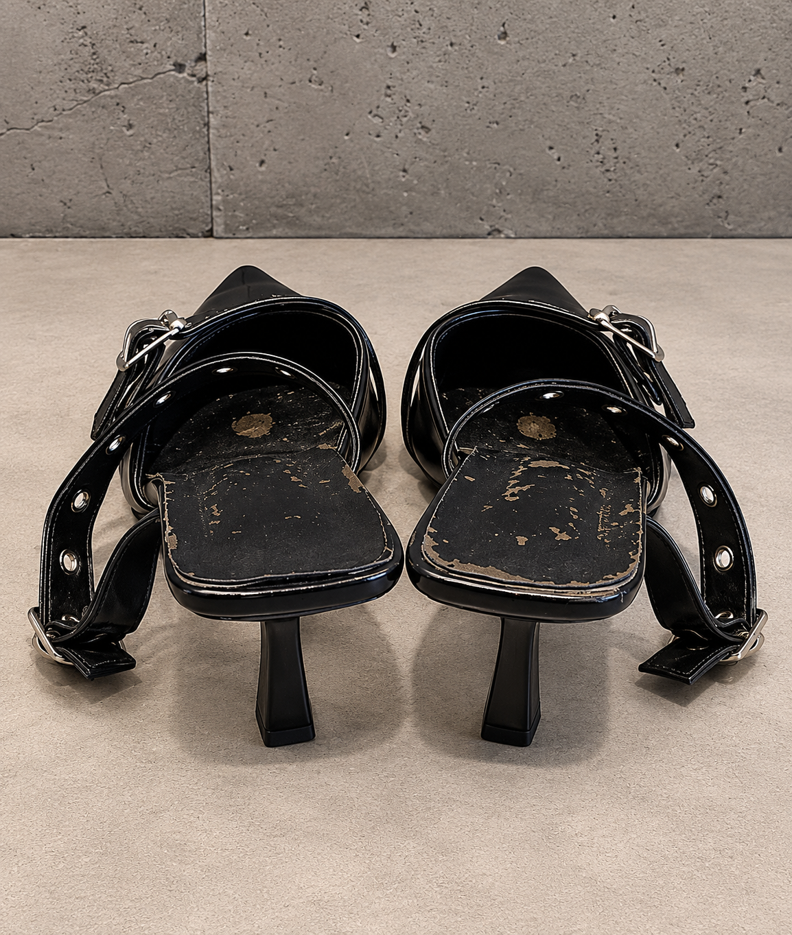 Black Leather Double-Strap Grommet Mules with Stiletto Heel