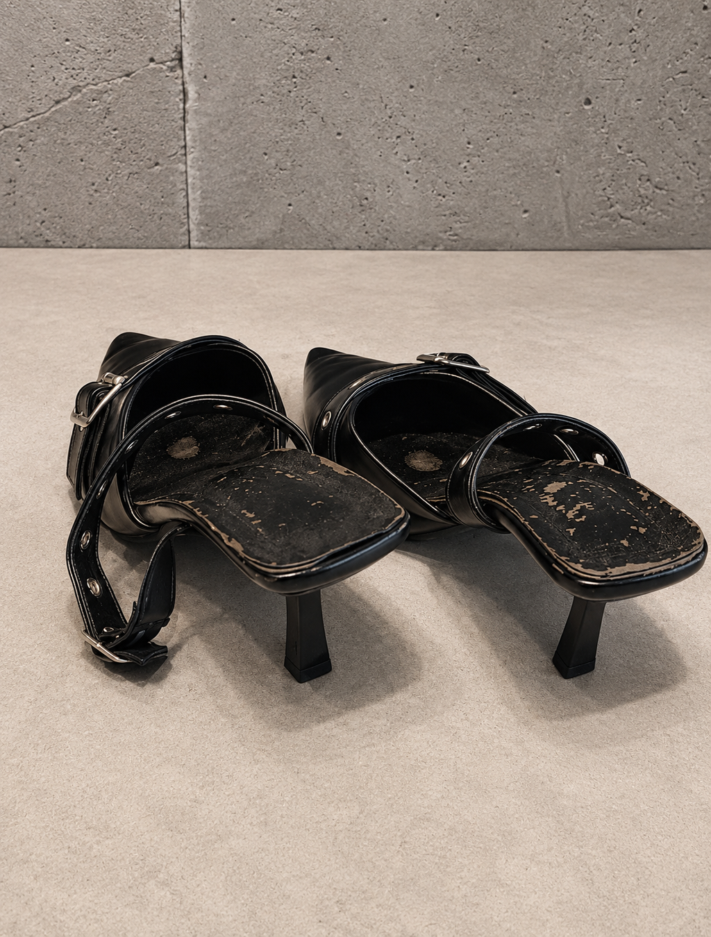 Black Leather Double-Strap Grommet Mules with Stiletto Heel