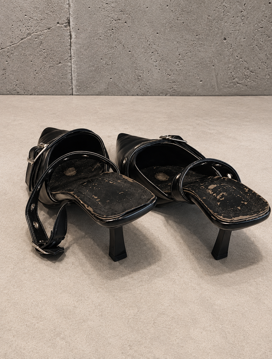 Black Leather Double-Strap Grommet Mules with Stiletto Heel