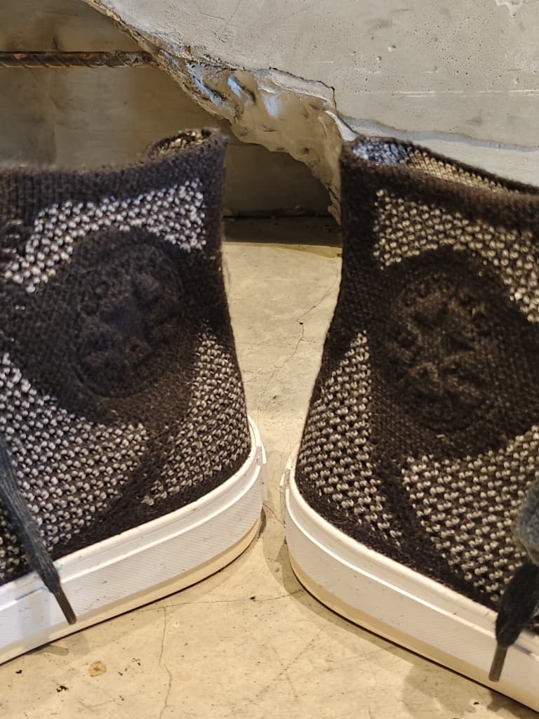 Front view of shoes in canvas showing the sole unit and upper silhouette