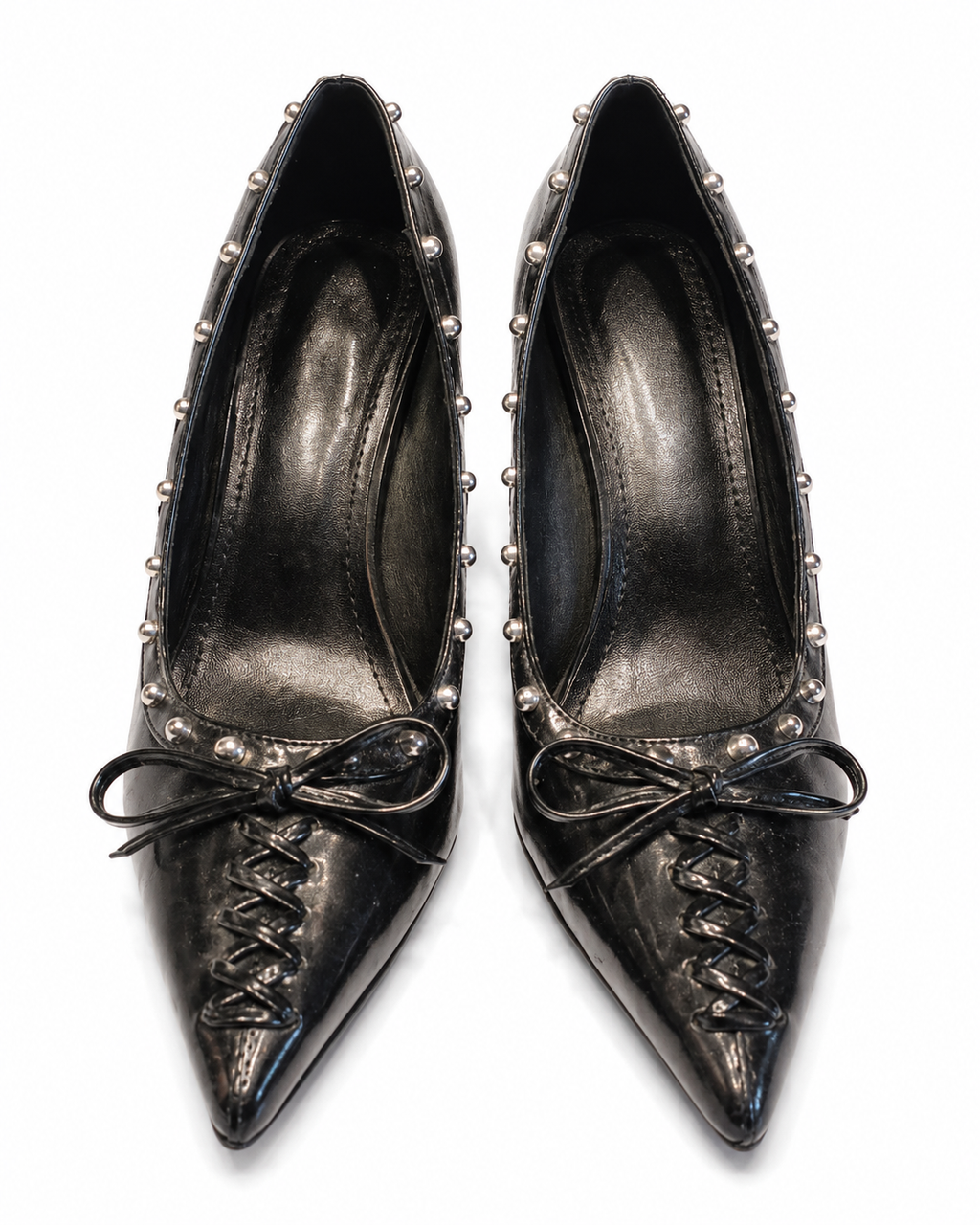 Black Studded Leather Pointed-Toe Pumps with Bow