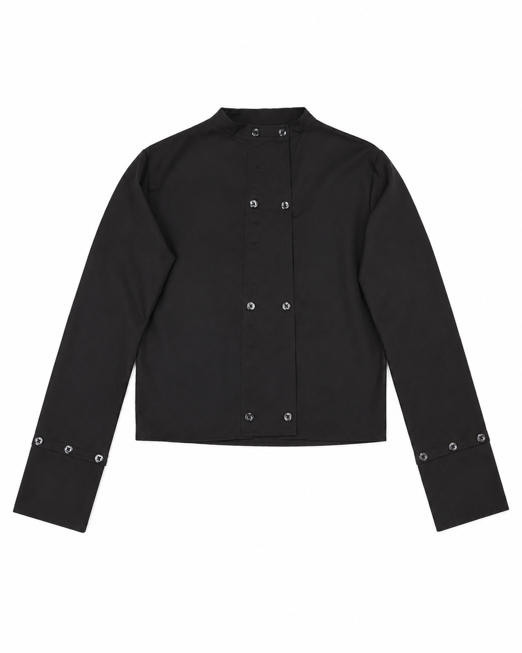 Black Cropped Fencing Shirt — Snap Hardware, Stand Collar