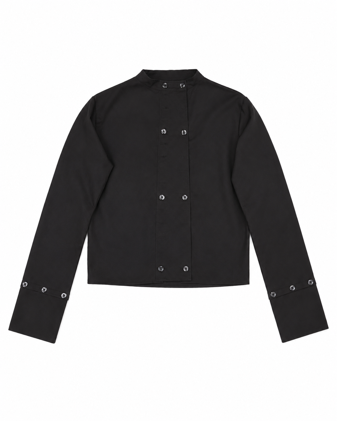 Black Cropped Fencing Shirt — Snap Hardware, Stand Collar