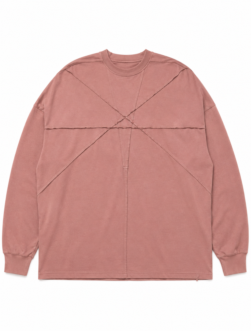 ST000127 — Deconstructed Mesh Panel Jacket in dusty rose. Front view showing full X-seam construction across chest panel. Long-sleeve silhouette, oversized fit, raw-edge finishing. Frak/Ture archive piece.