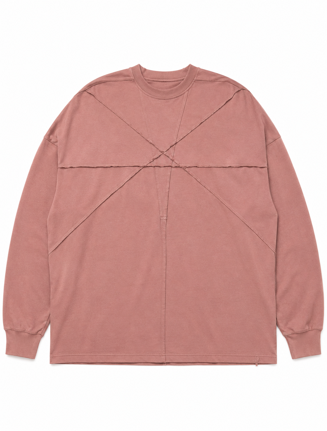 ST000127 — Deconstructed Mesh Panel Jacket in dusty rose. Front view showing full X-seam construction across chest panel. Long-sleeve silhouette, oversized fit, raw-edge finishing. Frak/Ture archive piece.
