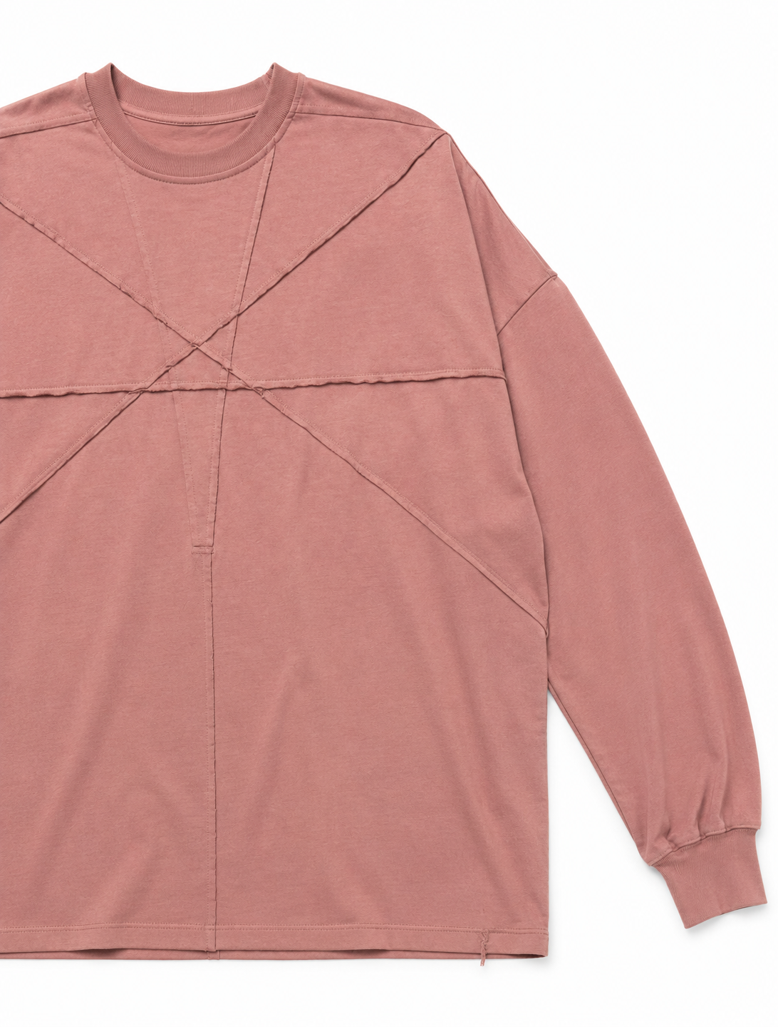 ST000127 — Deconstructed Mesh Panel Jacket. Close-up front detail showing raw-edge X-seam construction radiating from chest center, diagonal panel cuts, and horizontal waist seam. Dusty rose colourway. Frak/Ture archive.