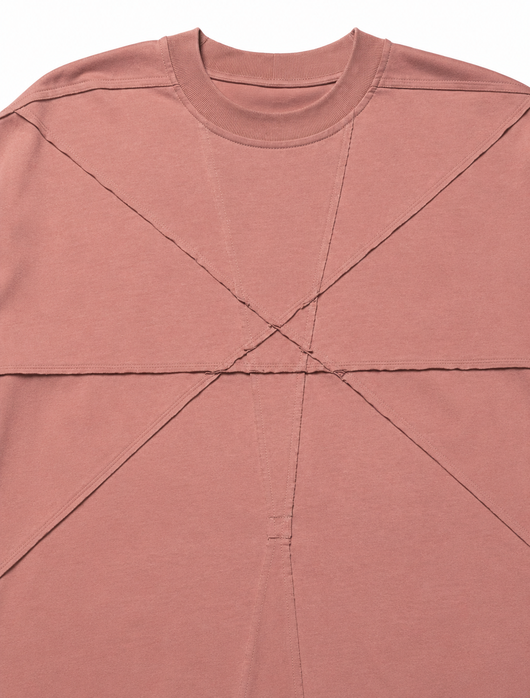 ST000127 — Deconstructed Mesh Panel Jacket. Macro detail of chest X-seam intersection revealing raw, unfinished seam edges meeting at a precise center point. Horizontal waist seam visible. Construction-forward archival detail. Frak/Ture.