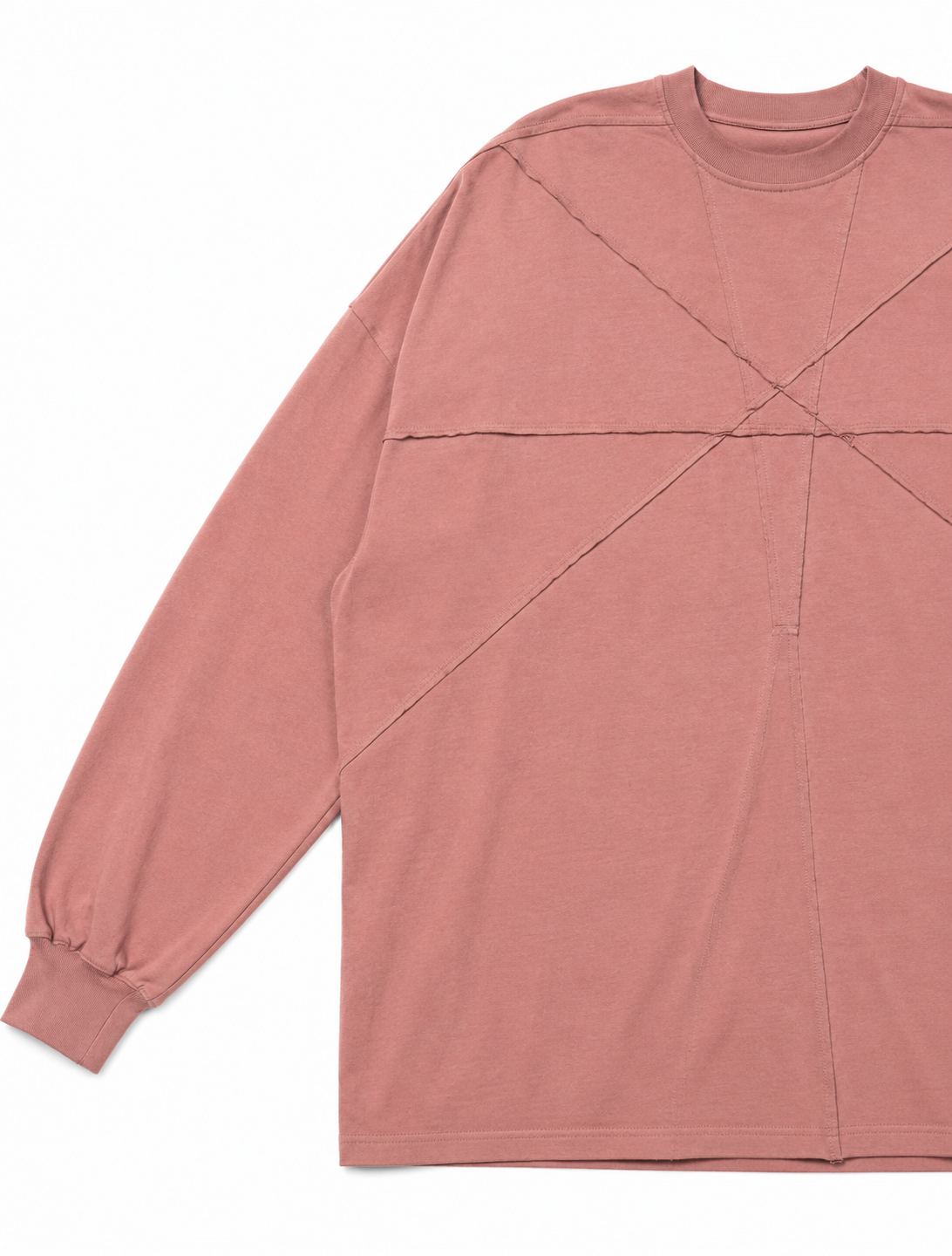 ST000127 — Deconstructed Mesh Panel Jacket in dusty rose. Three-quarter angled view revealing side silhouette, dropped shoulder seam, and diagonal panel construction extending across the lower torso. Full-length oversized fit. Frak/Ture archive.