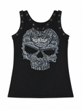 Black Y2K skull graphic tank front view with eyelet neckline