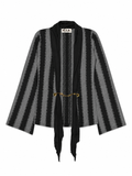 d.i.a. black and grey scalloped stripe cardigan with chain belt front view