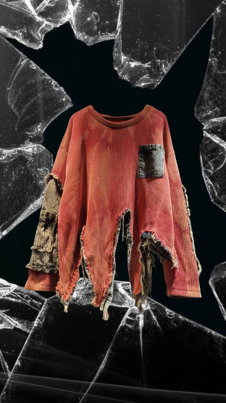 Overconstructed Ribbed Kait & Acid-Wash Denim Pullover