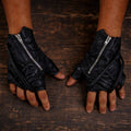 Utilitarian Distressed Black Leather Gloves. Exposed Silver Metal Zipper. Fingerless Construction