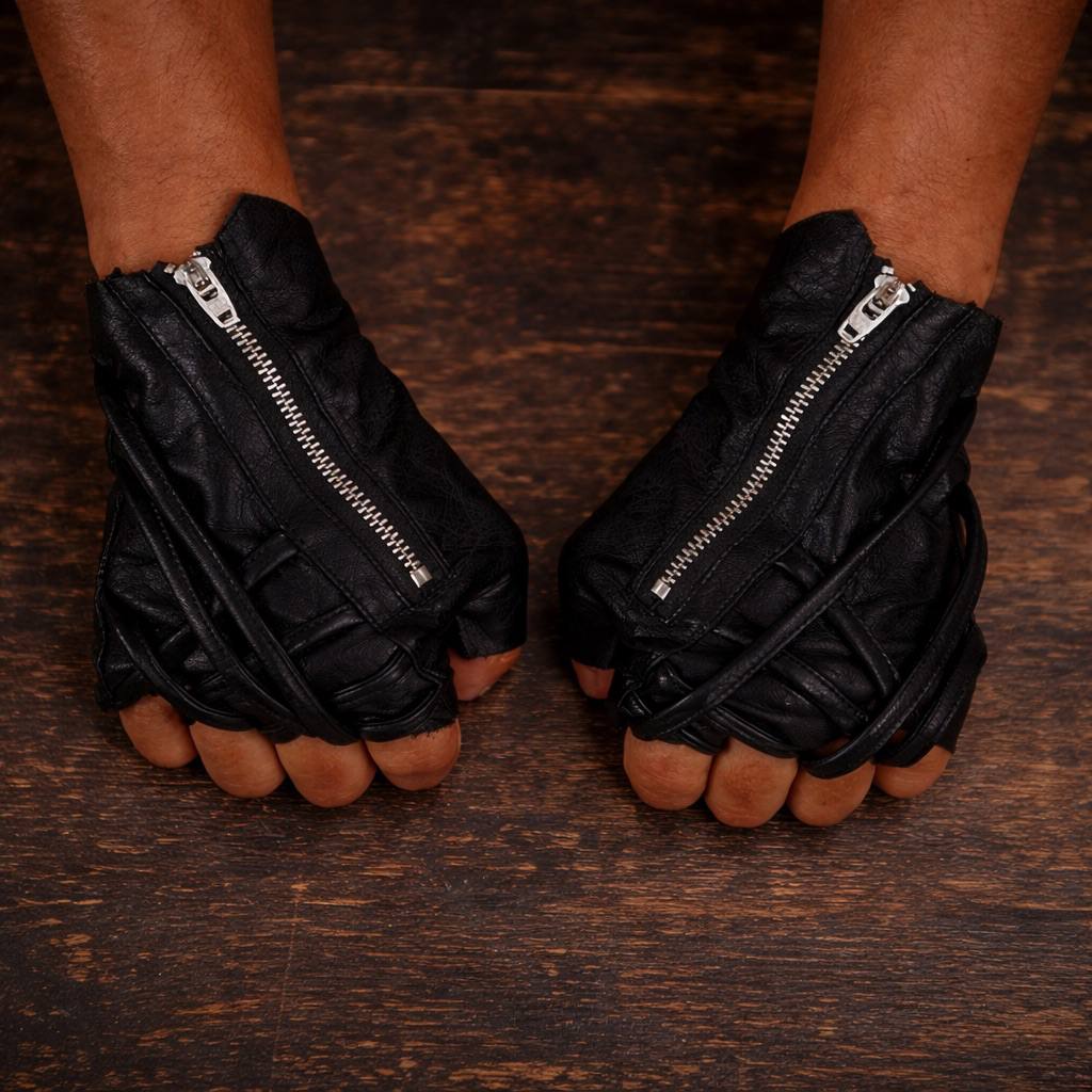 Utilitarian Distressed Black Leather Gloves. Exposed Silver Metal Zipper. Fingerless Construction